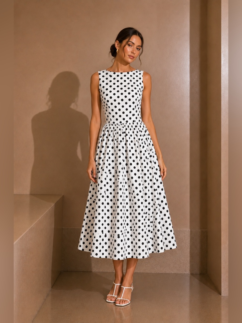 Commense Black & White Polka Dot Sleeveless Midi Dress